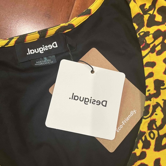 New NWT Desigual Yellow Black Dress Leopard Animal Print Dress A-line Vneck Sz M - Picture 2 of 7
